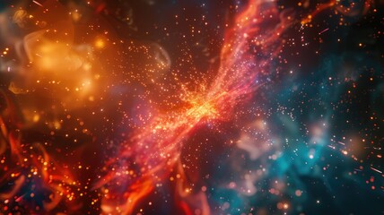 Poster - Abstract galaxy with swirling blue and orange particles. Digital artwork for design of cloud and smoke with starry sky with glowing start and planet in nebula or solar system. Universe design. AIG53.