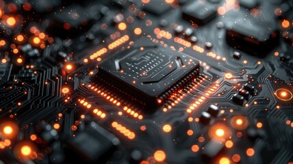 Fototapete - Abstract picture of chip on complex circuit with digital technology style design and the electric parts graphic show high tech system represent about processor algorithm process on computer. AIG53.