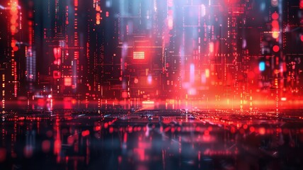 Poster - Digital tunnel with bright light and vibrant colorful pixels. Technology and sci-fi concept for wallpaper, banner. Abstract image of glitch effect with red and white color with dark background. AIG53.