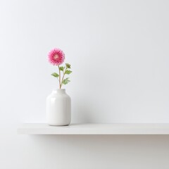 Poster - Elegant minimalist decor with a single pink flower placed in a white ceramic vase on a simple shelf against a clean and bright wall background