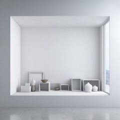 Poster - Minimalist interior design with empty window alcove showcasing modern geometric shapes and elegant decor elements in a serene, light-filled space