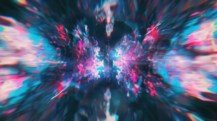 Poster - Digital tunnel with bright light and vibrant colorful pixels. Technology and sci-fi concept for wallpaper, banner. Abstract image of glitch effect with red and white color with dark background. AIG53.
