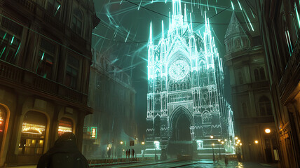 Poster - This glowing cathedral emerges with intricate wireframe details amidst the urban atmosphere at night.