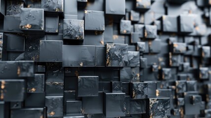 Poster - Abstract metallic geometric blocks in grey and gold. Abstract artwork of 3D rendering art with geometric shape with black wall. Digital art for design and print. Building construction concept. AIG53.