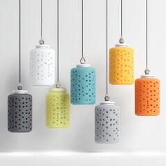 Poster - Colorful pendant lights in modern design hanging above a bright and stylish interior showcasing unique shapes and textures for contemporary decor ideas.