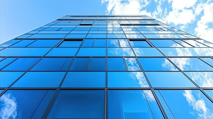 Poster - Modern blue glass facade of a skyscraper reflecting sky and clou