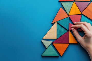 A vibrant arrangement of colorful geometric shapes on a blue background. with a hand reaching for a yellow triangle. creating a playful and creative atmosphere