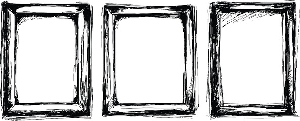 Leinwandbilder - Three black framed white on a transparent background. A collection of three empty picture frames in black colors transparent white background. 
Set of picture frames, isolated on white background.