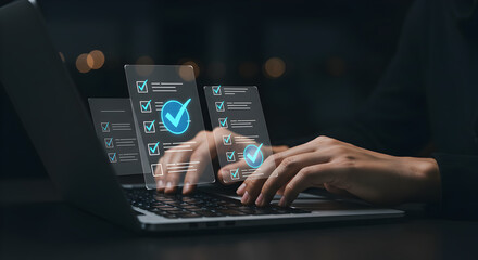 Poster - Hands Typing on Laptop with Digital Checkmarks Floating Above Keyboard in a Dark Bokeh Background