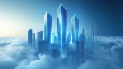 Poster - Futuristic cityscape on clouds, digital art with glowing skyscra