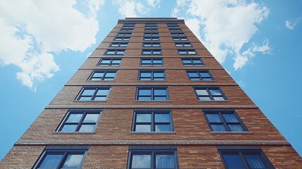 Poster - Upward urban view towering building against tranquil blue sky in