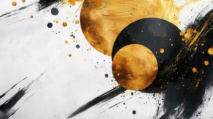 Aufkleber - Gold circles and black brushstrokes creating a dynamic and elegant abstract composition on textured white background