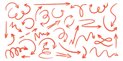 Poster - Red crayon arrow doodles collection - hand sketched curved lines, round swirls, pointers. Artistic scribbles, design elements set. Grunge style chaotic strokes drawings, marker pencil chalk vector.