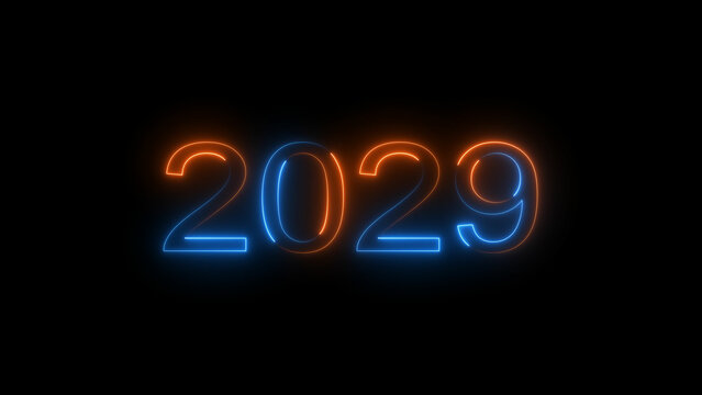 Neon 2029 year number icon illustration. black background 4k illustration.
