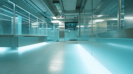  Futuristic interior with glass walls and blue lighting creates a modern space.
