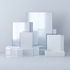 Poster - Modern Minimalist Display with Clear Glass Boxes and Mirrors on Light Gray Background for Elegant Product Presentation and Home Decor Inspiration