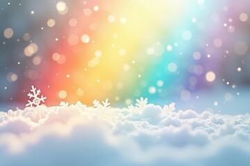Poster - Hopeful winter wonderland. Serene snowfall scene with rainbow in distance creates sense of hopeful winter magic.