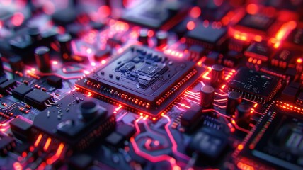Fototapete - Technology picture of chip on complex circuit with digital high tech style design and the electric light graphic show dynamic movement represent about processor algorithm process on computer. AIG53.