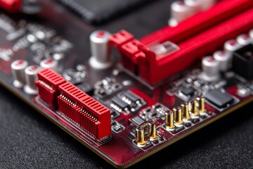 Poster - Red circuit board from a computer motherboard used as a texture background