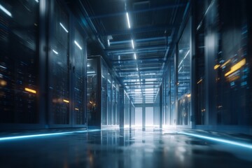 Poster - The concept of network and internet communication technology is depicted in a data center interior with server racks and telecommunication equipment in a server room