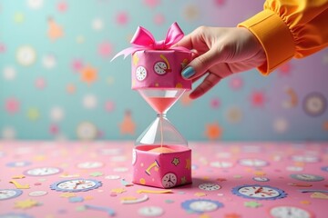 Poster - Romance and delight.. Person holds vibrant pink gift box with matching bow, exuding romance and joyful anticipation.