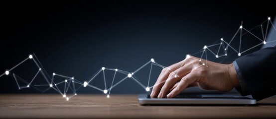Poster - The concept of big data and digital technology is represented by an abstract background that incorporates data science and internet network connections, alongside a man utilizing a modern computer