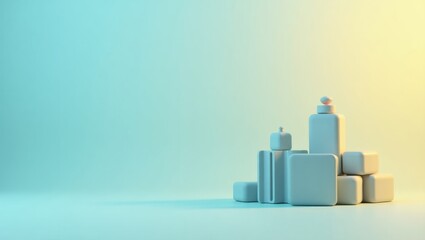 Poster - Virtual Selling. Digital Sales Space. Isolated background, copyspace.. Lone virtual sales block sits atop stack of digital ones in minimalist white space.
