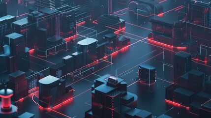 Poster - Explore a futuristic abstract digital landscape featuring barriers and neon elements, showcasing a blend of technology and artistry in a dark environment.
