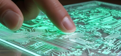 Poster - A man interacts with a digital technology concept using a touch screen