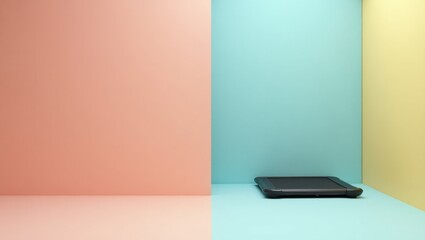 Poster - Walking Pad. Portable meditation space. Isolated background, copyspace.. Solitary walking pad serves as portable meditation sanctuary amidst cluttered surroundings with isolated phone.