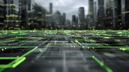 Poster - Futuristic high-tech computing is represented by a mesh formed from green and yellow neon lines