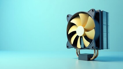 Poster - Water Cooling. Silent Computing Power. Isolated background, copyspace.. Computer fan silently sits atop case, embodying power with minimal disturbance.