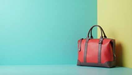 Poster - Weekender Bag. Deeply colored bag. Isolated background, copyspace.. Deeply colored red and black weekend bag sits confidently on table, exuding modern simplicity perfectly.