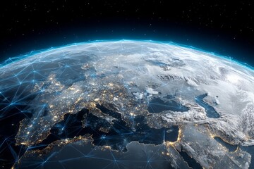Poster - The concept of global business is represented by the Earth from space, highlighting internet technology and communication through network and data exchange across the planet, with image elements