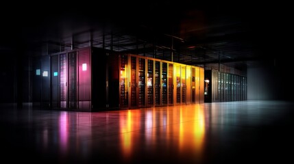 Poster - Visualisation projection of internet connection in a working data center filled with rack servers and supercomputers along a corridor