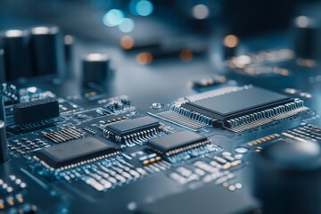 Poster - Stock image featuring an abstract blue microchip motherboard and a computer network for use in stock
