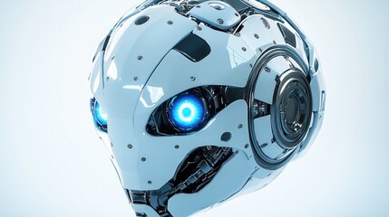 Poster - Close-up view of a futuristic robot head, showcasing advanced technology and design