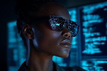 Poster - In an office, a black woman is shown working with a futuristic graphical user interface, embodying the principles of ICT and system engineering