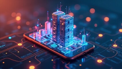 Poster - Workflow Automation. Automated Cityscape. Trend product close-up. Phone sits on circuit board displaying automated cityscape, symbolizing streamlined household life efficiency.