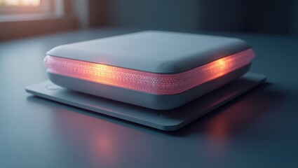 Poster - Worth AI. Illuminating technological future. Trend product close-up. Small LED light shines brightly atop sleek white housing, symbolizing innovation and illuminating tech future.