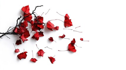 Poster - Watercolor autumn scene with red leaves drifting, minimal white background banner