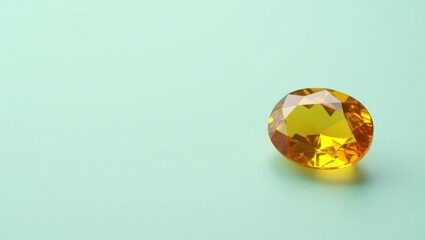 Poster - Yellow Sapphire Stone. Vibrant Blue Gem. Isolated background, copyspace.. Bright yellow sapphire gemstone stands alone against soothing blue and pale green serene backdrop.