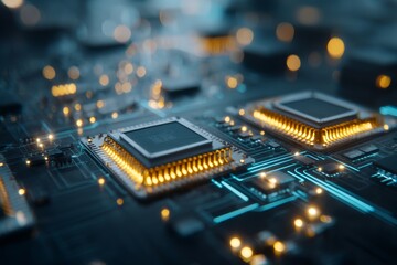 Poster - An electronic blue circuit board is used to convey the technology concept of IA generativa