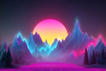 Poster - A futuristic landscape featuring low-polygon mountains lit up by neon light set against a gradient background, evoking immersion in a surreal digital virtual cyber world, presented as a 3D rendering