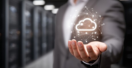 Poster - Hologram projection of cloud technology symbols is being held by a man