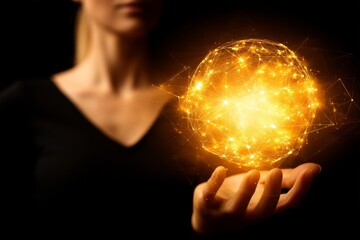 Poster - The image of a woman holding a circle, which represents a global network connection, is set against a work place background to convey the concept of business network communication and technology,