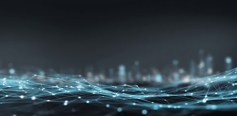Poster - In a panoramic view, the concept of wireless network and connection technology is juxtaposed with an abstract image of Bangkok city