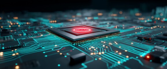 Poster - A futuristic server featuring a printed circuit board is set against a vibrant orange, green, and blue technology background with a bokeh effect, showcasing code processing
