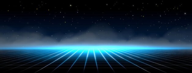Fototapete - The description is of a dark street with wet asphalt where light rays reflect in the water, all on a dark blue abstract background that includes smoke and smog, creating an empty dark scene with neon