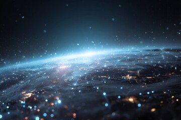 Poster - Internet business communication technology integrates a global world network, telecommunication infrastructure, and cutting-edge technologies including cryptocurrency, blockchain, and IoT, utilizing